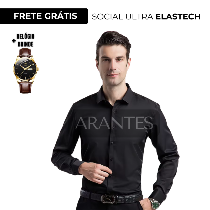 Camisa Elastech Social Anti Amassados + Brinde Relogio Social