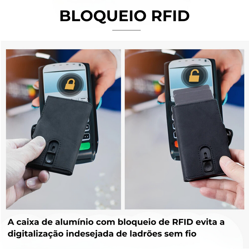 Carteira de Couro Legítimo e Fibra de Carbona Bloqueio RFID®